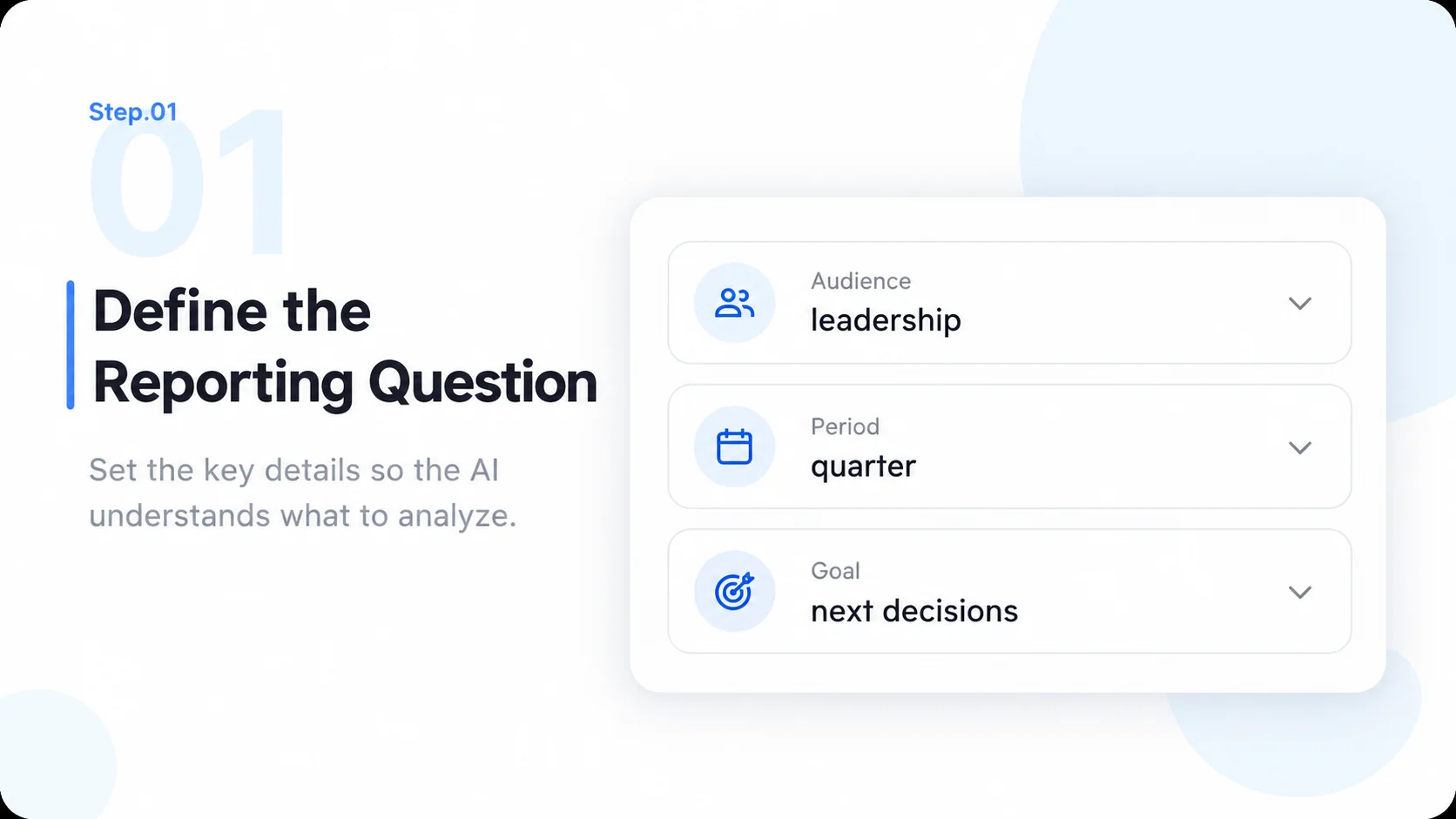 Illustrative AI Report Generator step 1: Define the Reporting Question.