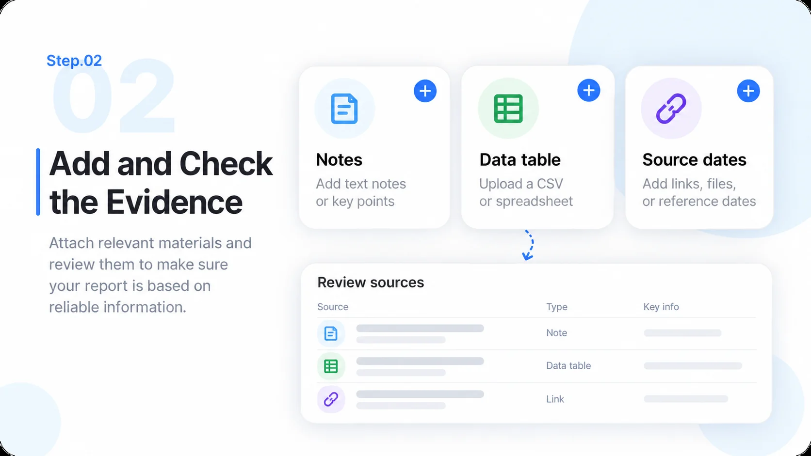 Illustrative AI Report Generator step 2: Add and Check the Evidence.