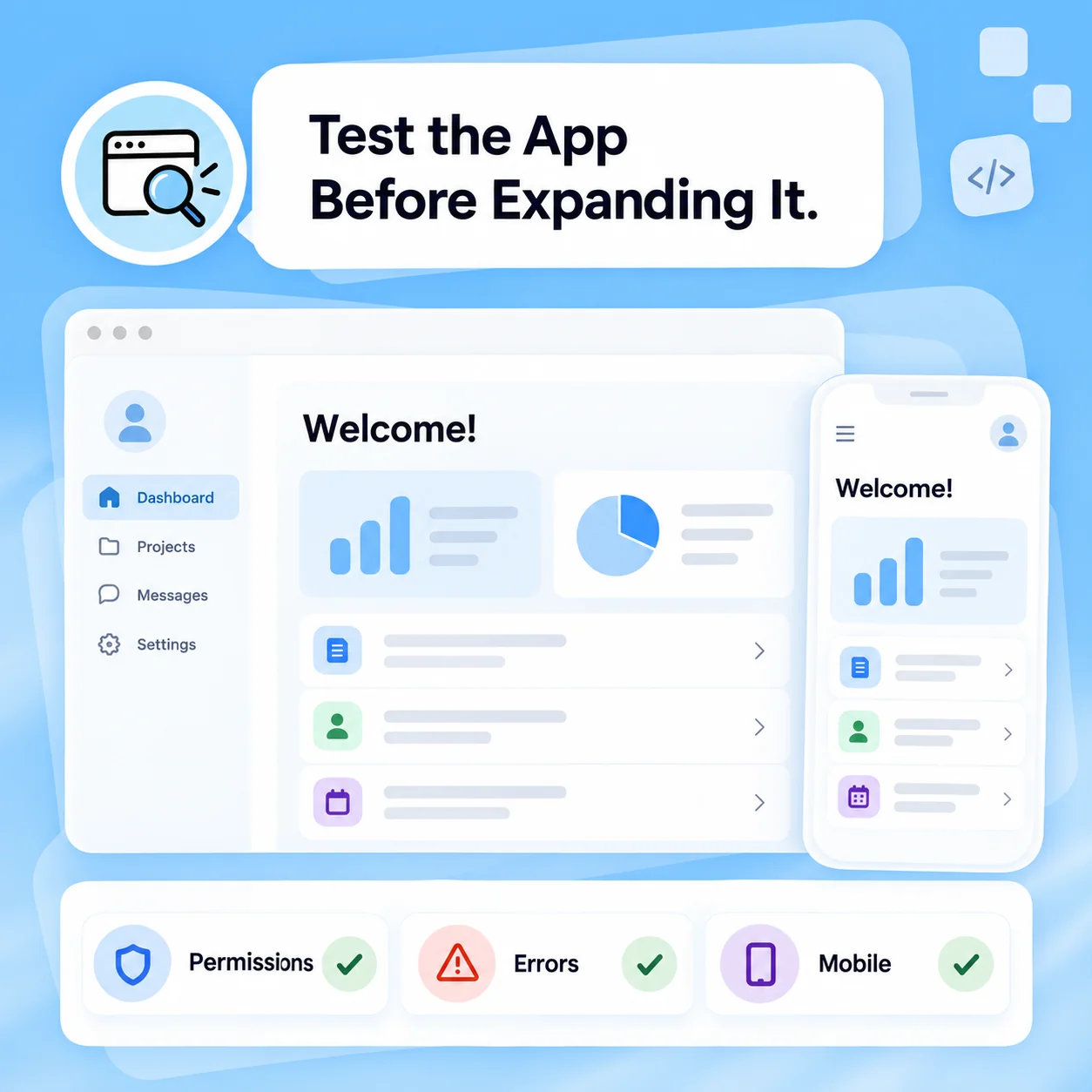 Illustrative AI Web App Builder workflow: Test the App Before Expanding It.