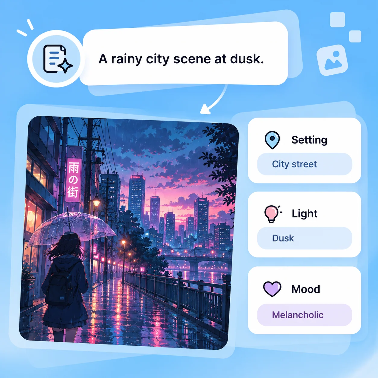 Illustrative AI Anime Generator workflow: Turn a Setting into a Visual Story.