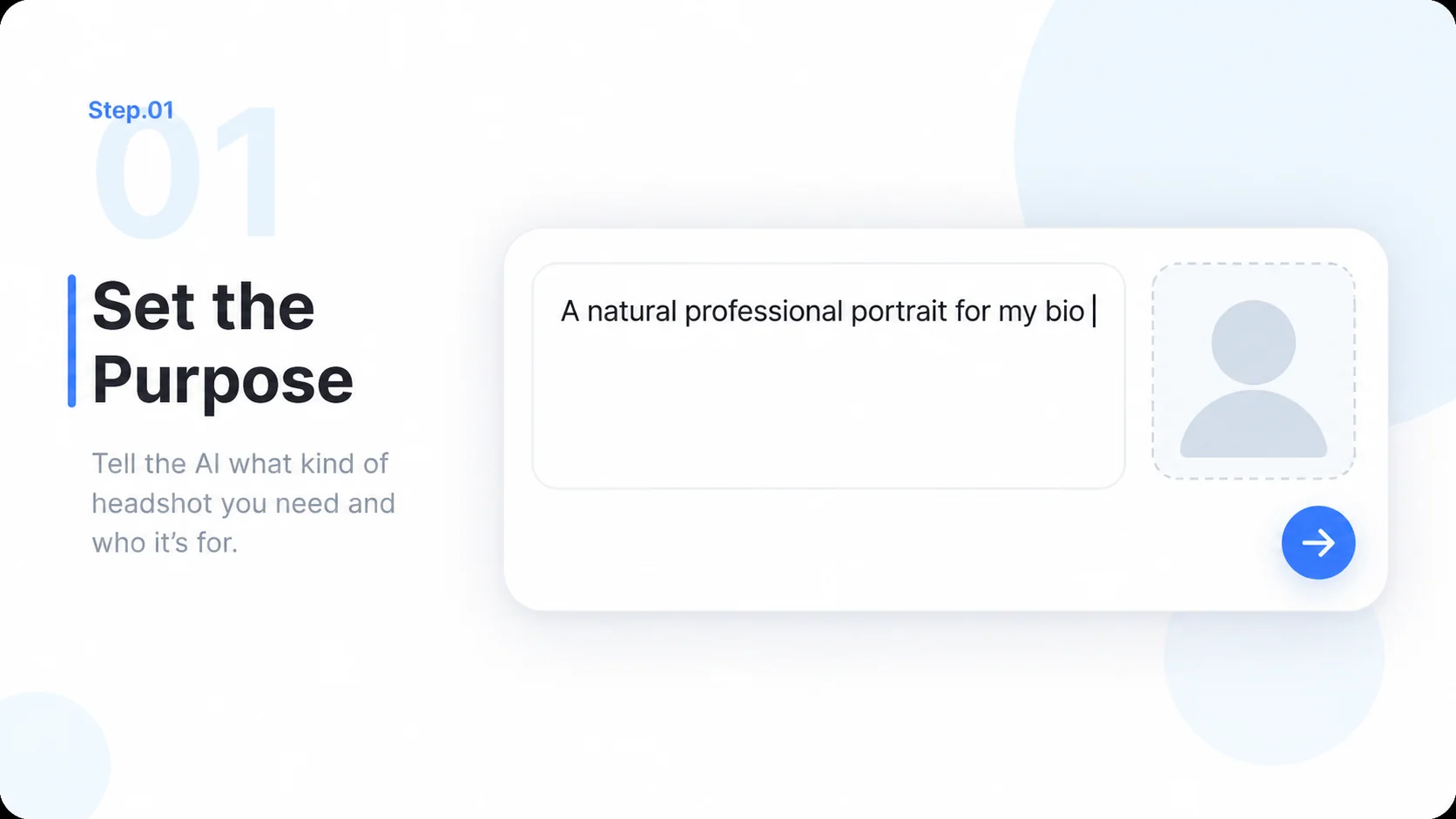 Illustrative AI Headshot Generator step 1: Set the Purpose.