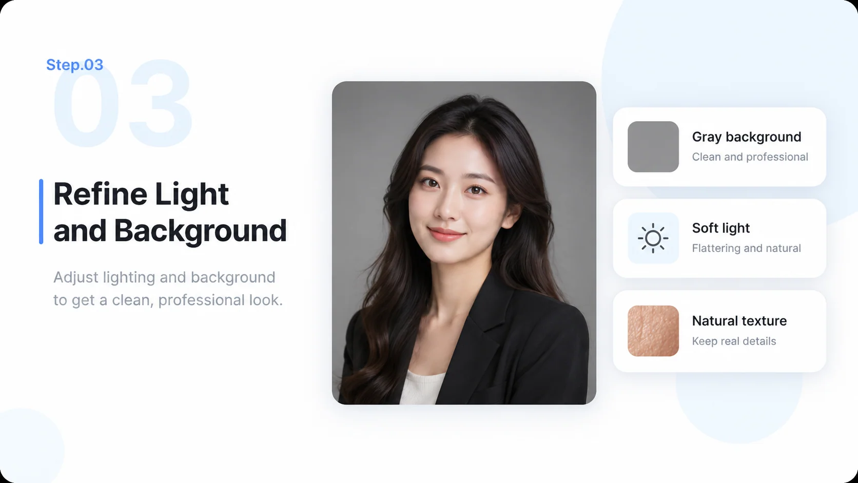 Illustrative AI Headshot Generator step 3: Refine Light and Background.