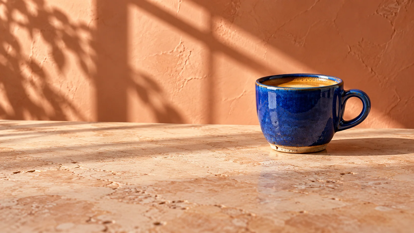 Illustrative ai image editor concept: change the background. Place a product in a new setting without redesigning it. This concept pairs a cobalt cup with warm terracotta and natural shadows.