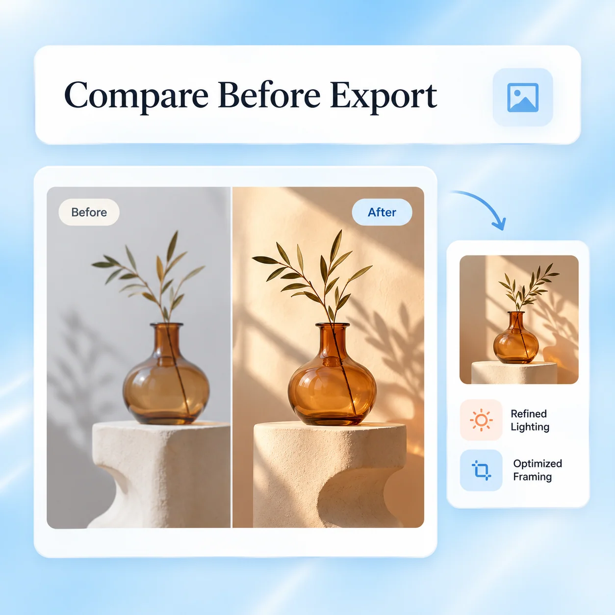 Conceptual workflow illustration for ai image editor: compare before export.