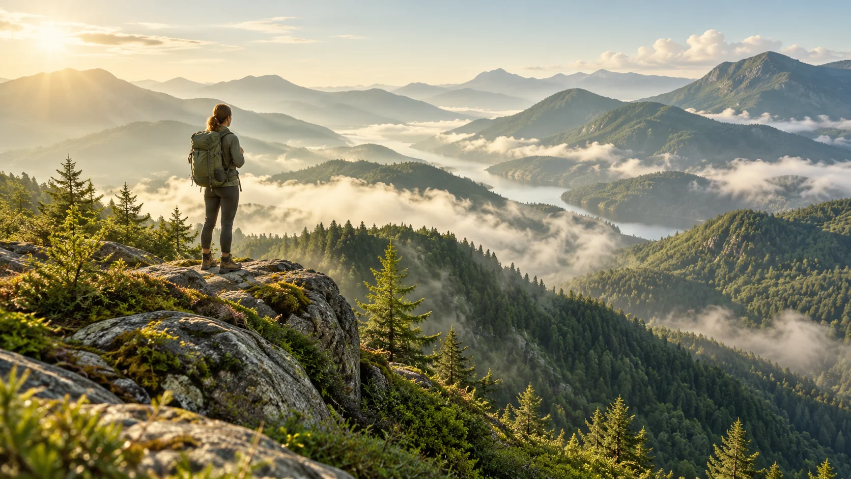 Illustrative ai photo enhancer concept: landscape balance. A misty mountain scene with gentle contrast and believable greens. The goal is readable depth, not an exaggerated HDR effect.