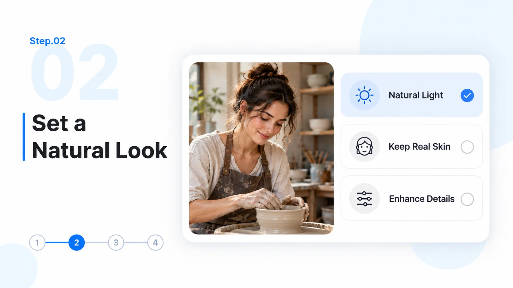 Step 2 conceptual diagram: set a natural look for the ai photo enhancer workflow.