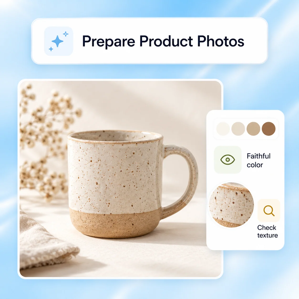 Conceptual workflow illustration for ai photo enhancer: prepare product photos.