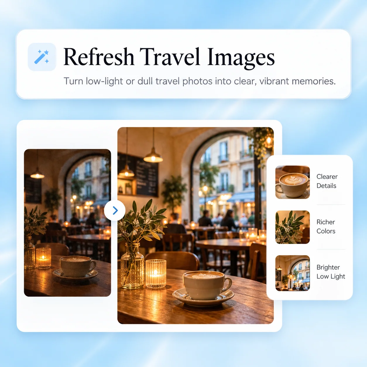 Conceptual workflow illustration for ai photo enhancer: refresh travel images.