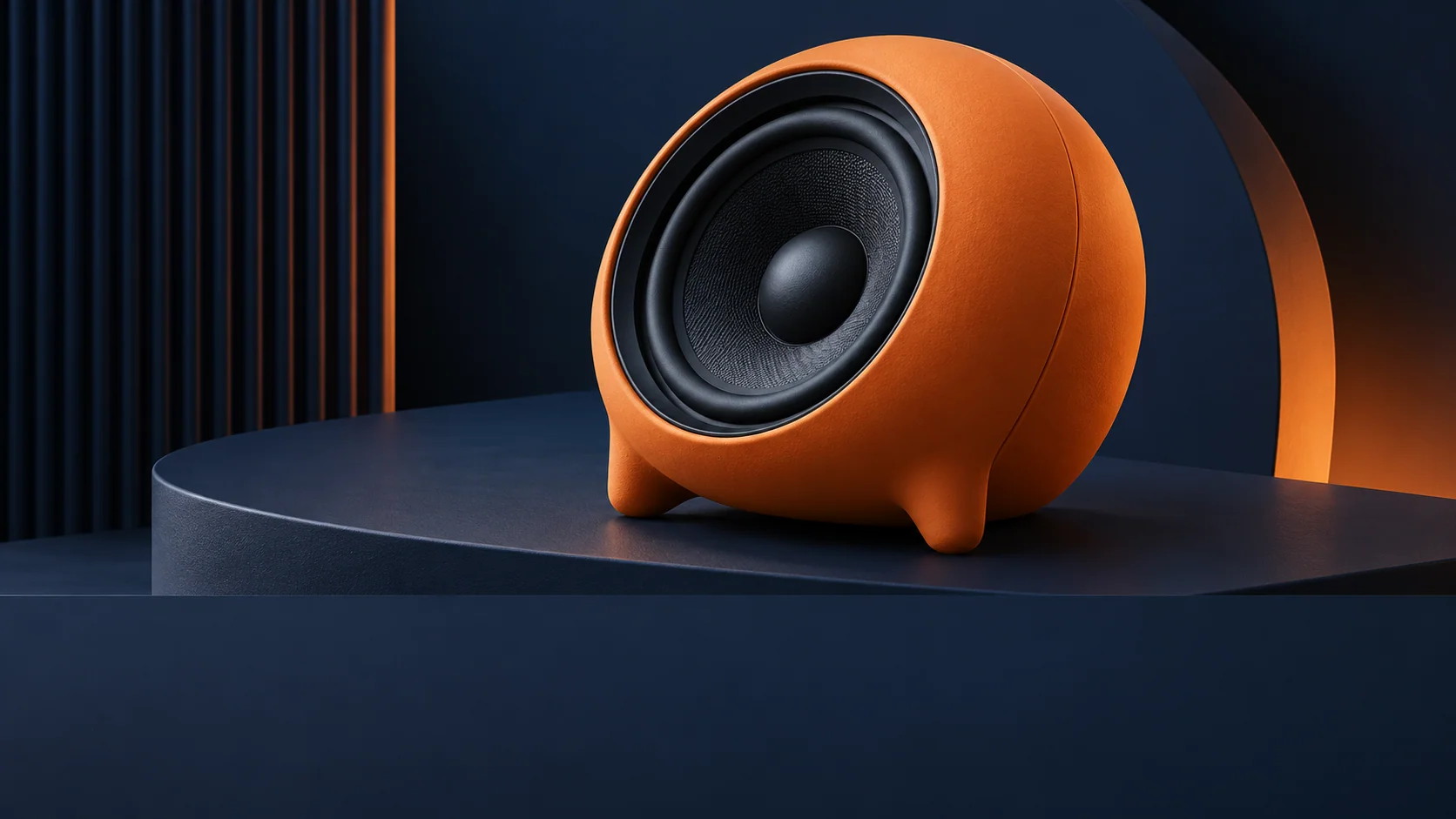 Illustrative image to 3d concept: product shape study. A rounded speaker concept focuses on silhouette and material. A modeling brief must separately define dimensions, unseen surfaces, and construction.
