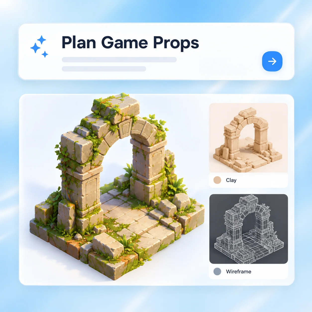 Conceptual workflow illustration for image to 3d: plan game props.