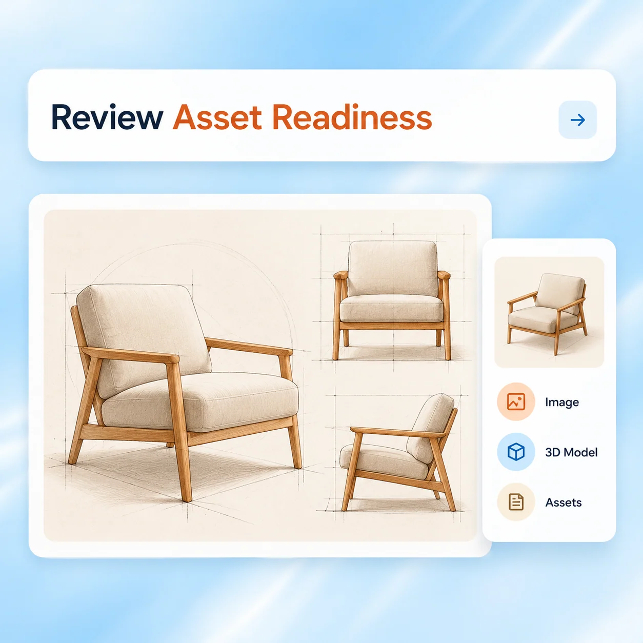Conceptual workflow illustration for image to 3d: review asset readiness.
