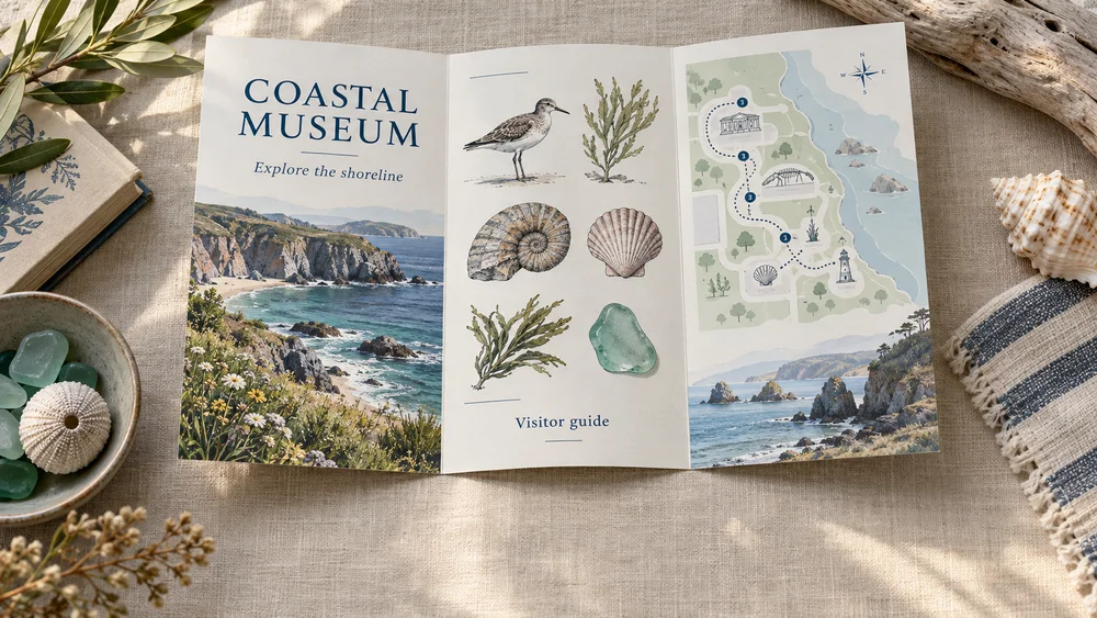 Illustrative coastal museum visitor guide concept for AI Brochure Generator.
