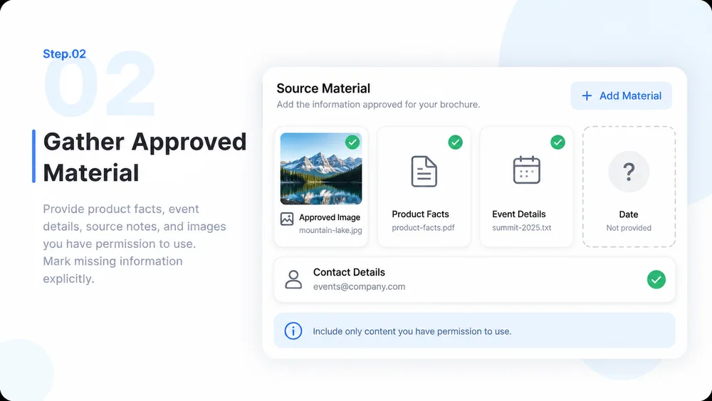 AI Brochure Generator step 2: Gather Approved Material.