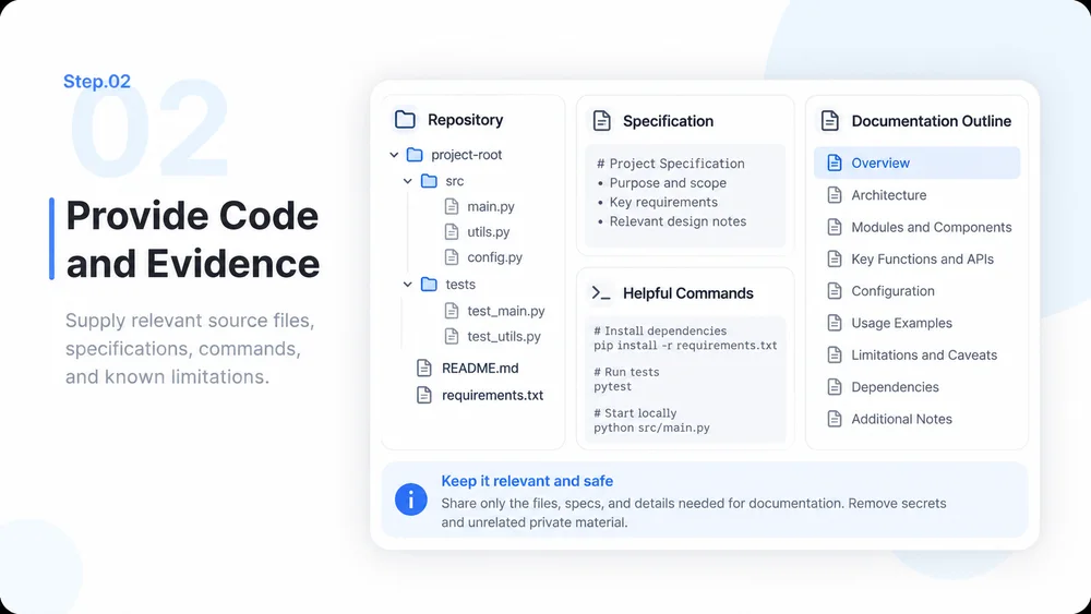 AI Code Documentation Generator step 2: Provide Code and Evidence.