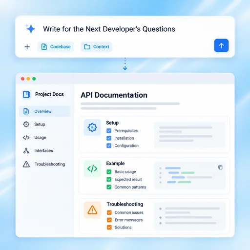 AI Code Documentation Generator workflow illustration: Write for the Next Developer's Questions.