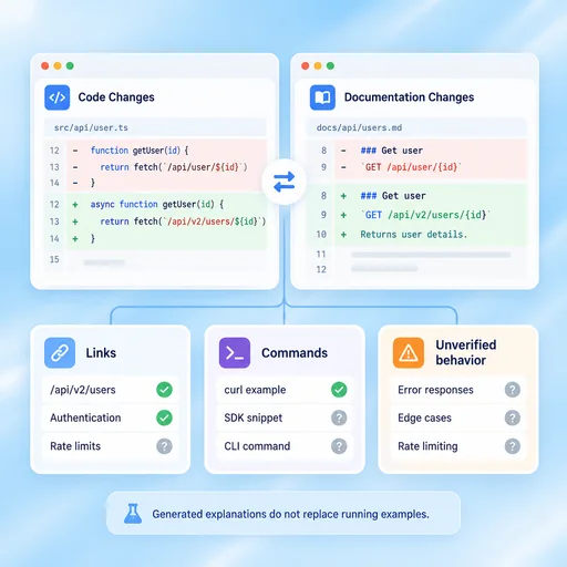 AI Code Documentation Generator workflow illustration: Make Updates and Gaps Visible.