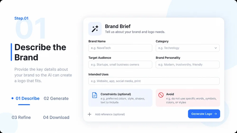 AI Logo Generator step 1: Describe the Brand.