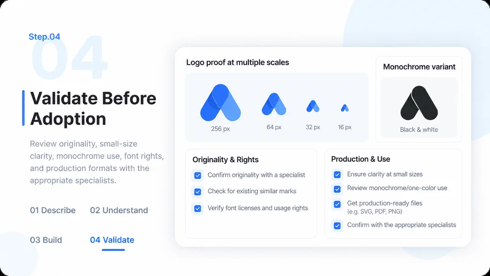 AI Logo Generator step 4: Validate Before Adoption.