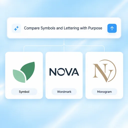 AI Logo Generator workflow illustration: Compare Symbols and Lettering with Purpose.