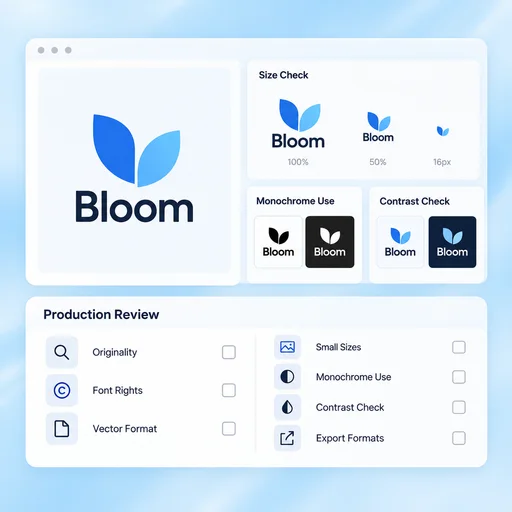AI Logo Generator workflow illustration: Test Legibility and Production Needs.