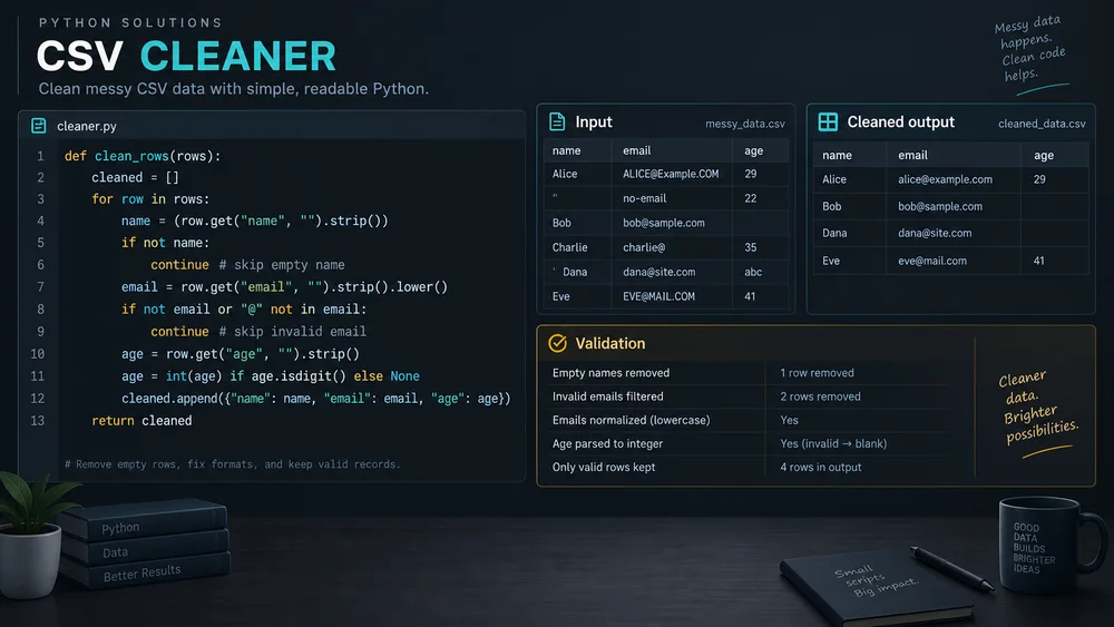 Illustrative csv data cleaner concept for AI Python Code Generator.