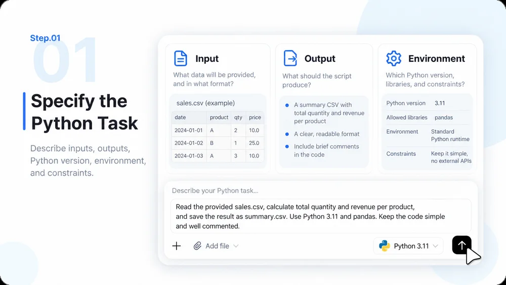 AI Python Code Generator step 1: Specify the Python Task.