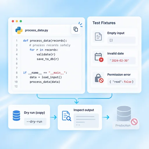 AI Python Code Generator workflow illustration: Test Before Touching Important Data.