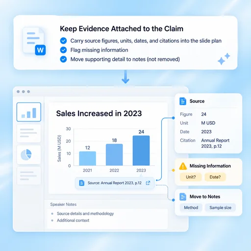 Word to PPT Converter workflow illustration: Keep Evidence Attached to the Claim.