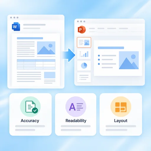 Word to PPT Converter workflow illustration: Review What Was Condensed or Changed.