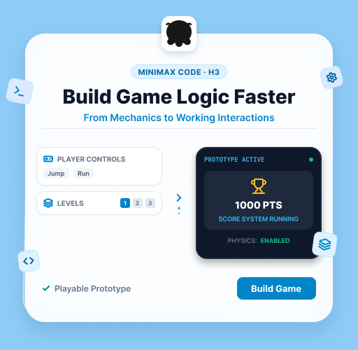 Illustration of player controls and levels connected to a game prototype with scoring and physics