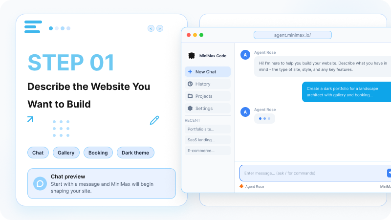 A chat prompt describing a website goal, with a portfolio website example