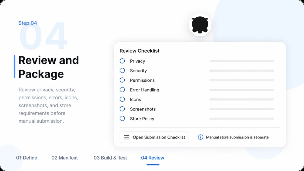 Chrome Extension Builder workflow, step 4: Review and Package.
