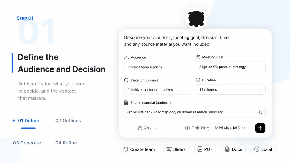 PowerPoint Generator workflow, step 1: Define the Audience and Decision.