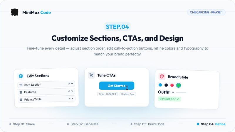 Step 4: Edit landing page sections, tune CTA buttons, and customize brand colors and typography