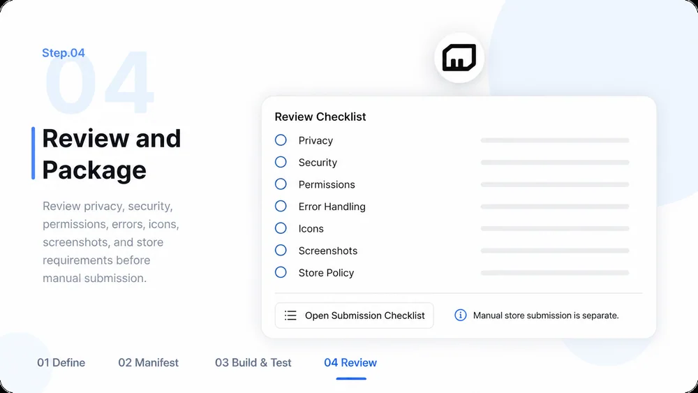 Chrome Extension Builder workflow, step 4: Review and Package.