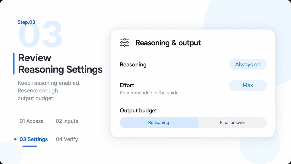 Workflow illustration for always-on reasoning, recommended Max effort and output budget planning