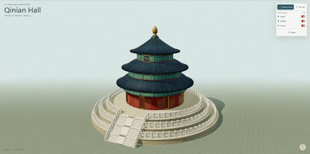 English-localized Qinian Hall Three.js reconstruction from the documented case