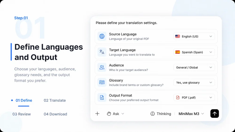 PDF Translator workflow, step 1: Define Languages and Output.