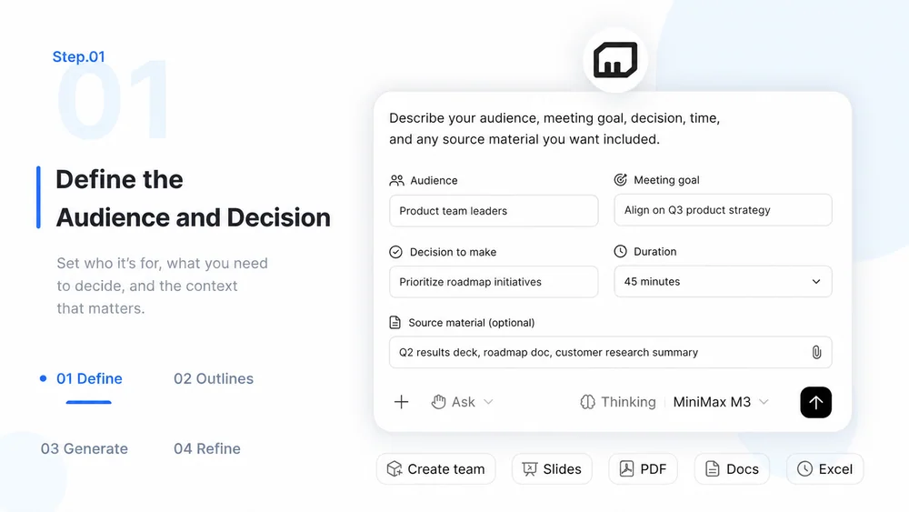PowerPoint Generator workflow, step 1: Define the Audience and Decision.