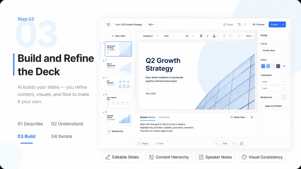 PowerPoint Generator workflow, step 3: Build and Refine the Deck.