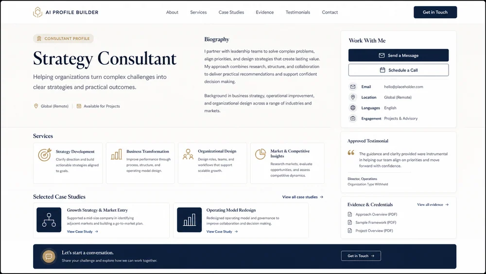 Illustrative consultant profile generated from a focused brief.
