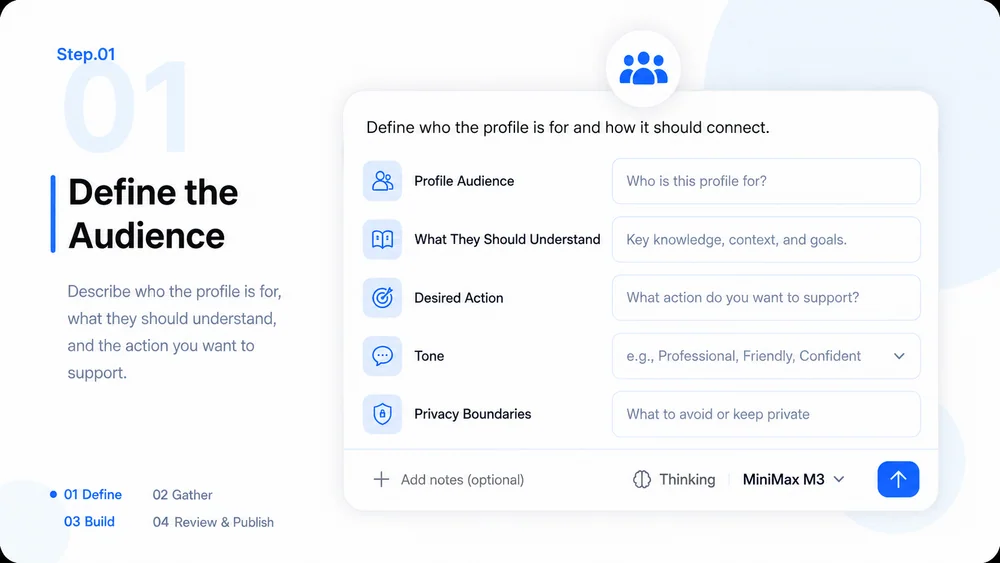 AI Profile Builder workflow, step 1: Define the Audience.