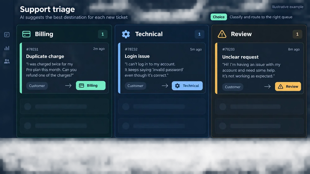 Illustrative support triage workbench with billing, technical and review queues.