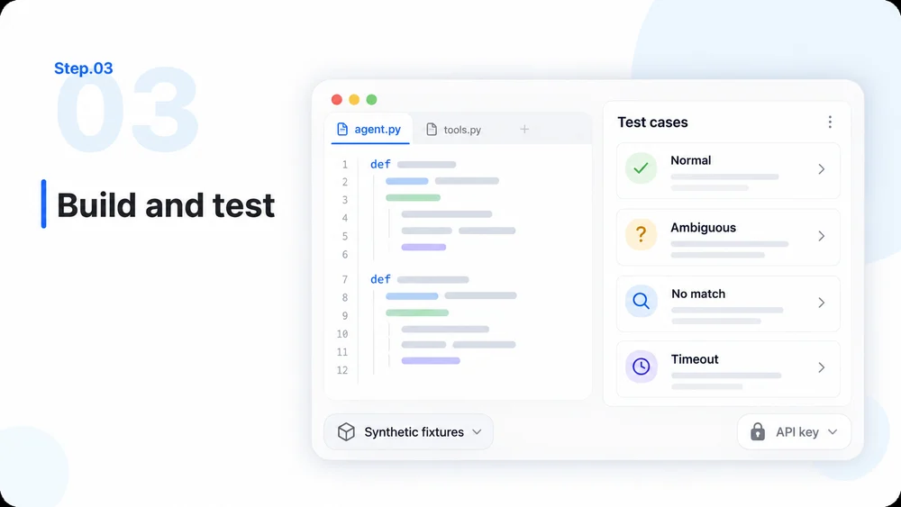 Step 03 illustration: implementation, synthetic tests and server-side credentials.