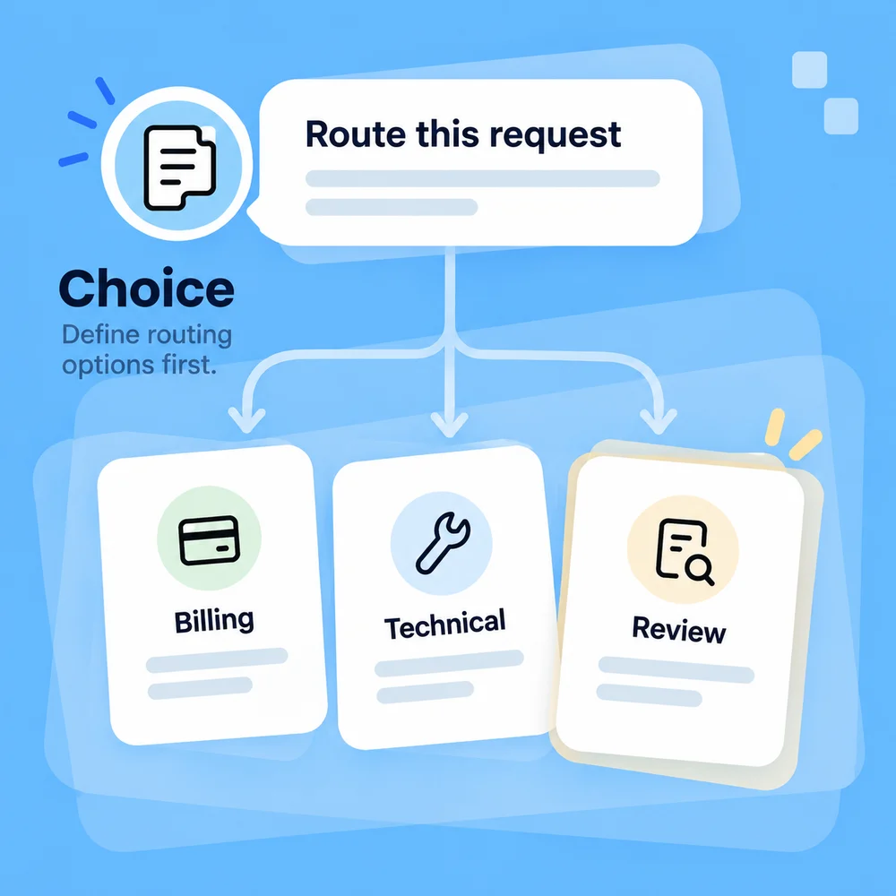 Illustration of Jev Choice routing requests to defined categories and review.