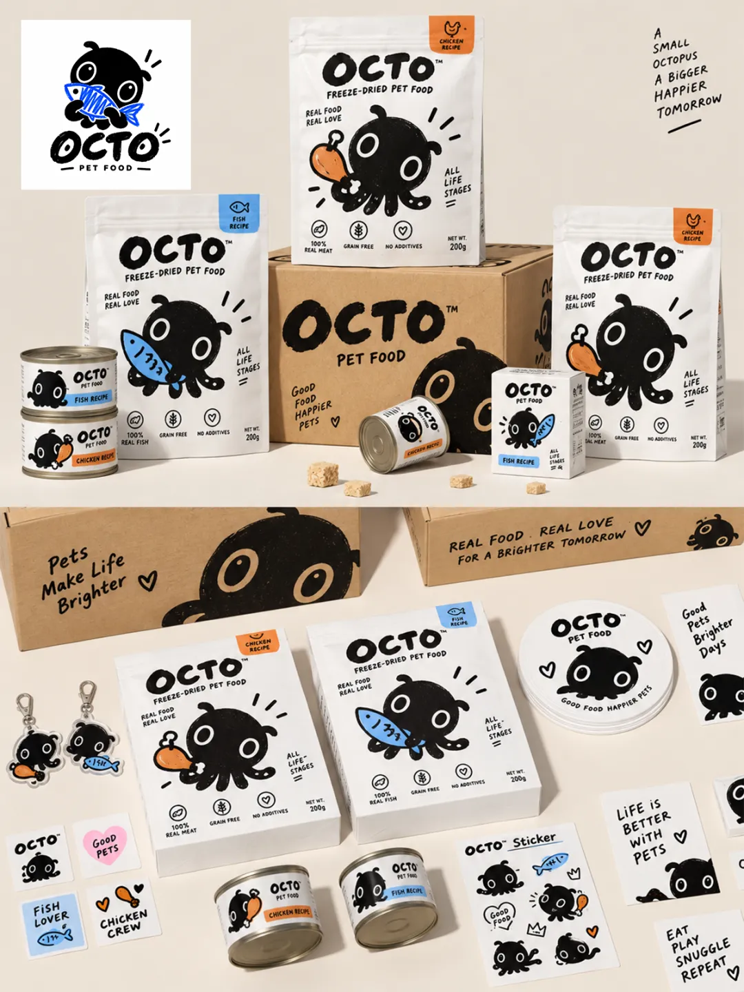 Octo pet product packaging concepts with matching labels and colors