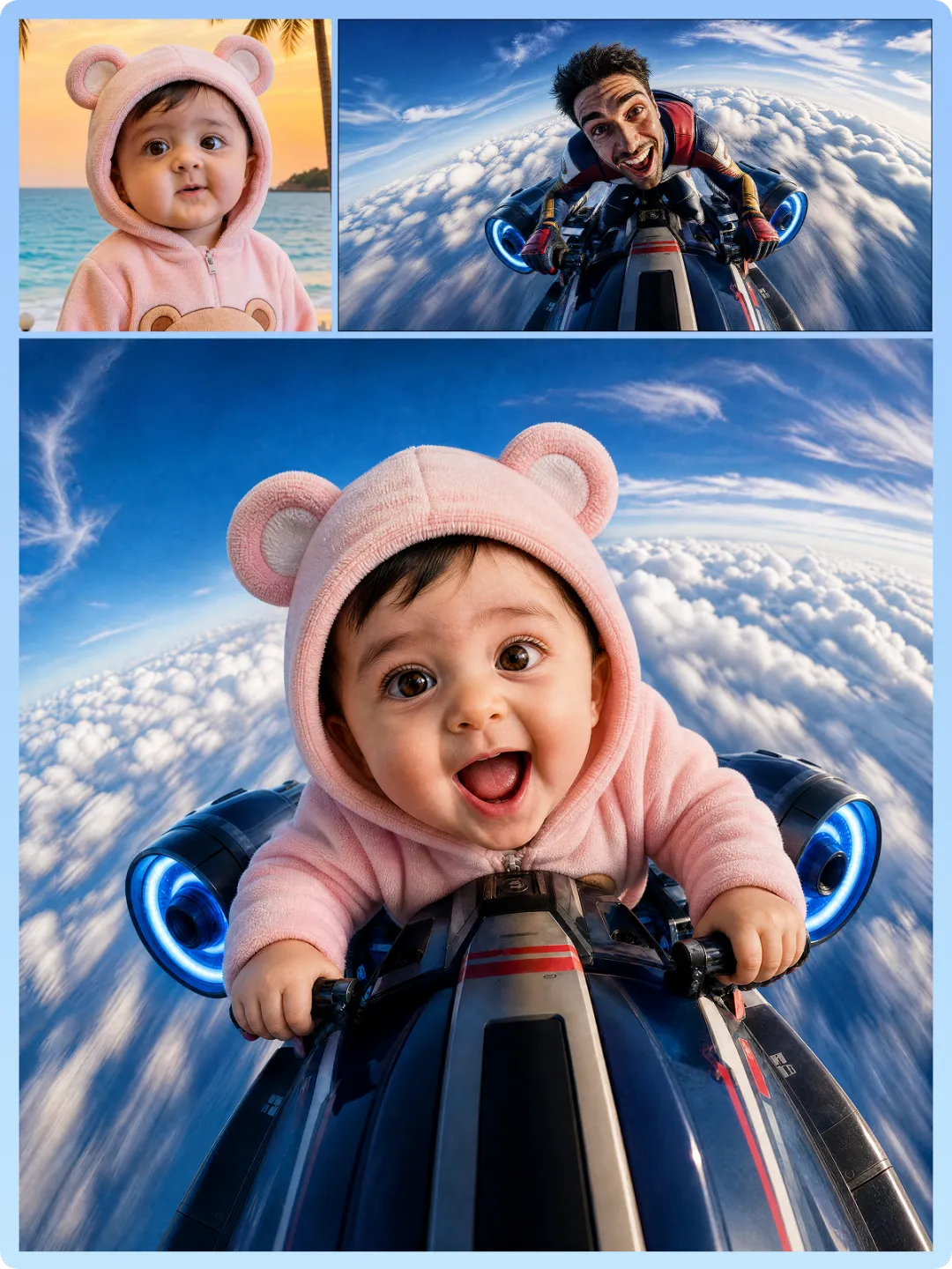 AI face swap example combining a baby portrait with a playful flying character scene.