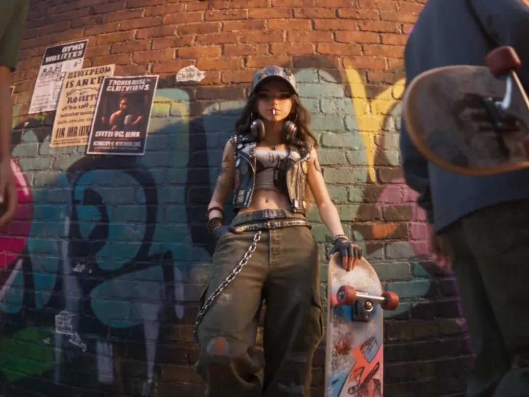 Stylized skater with a skateboard beside a graffiti-covered brick wall