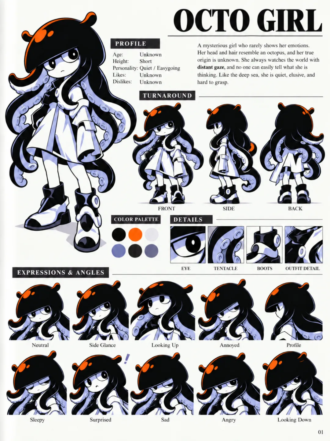 Octo Girl character design sheet with coordinated poses and expressions