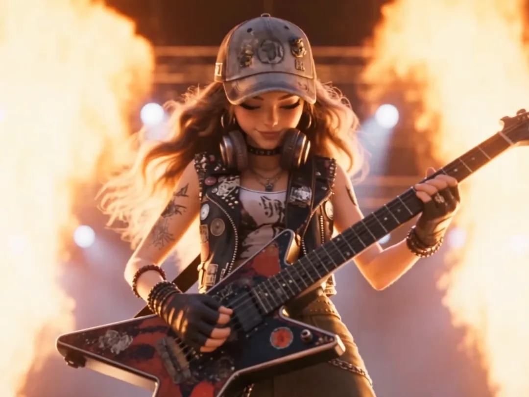 The same character playing an electric guitar on a stage with flame effects